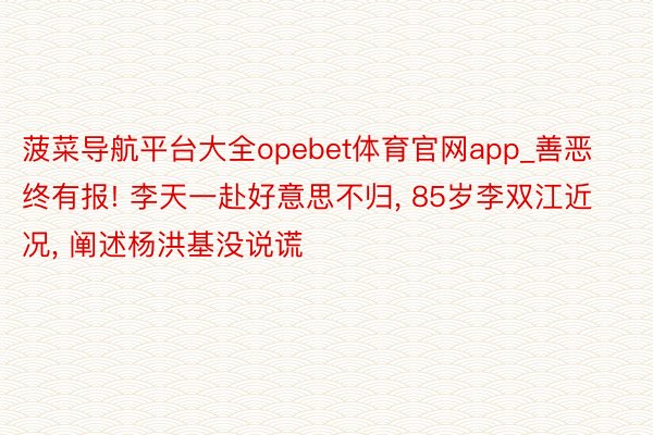 菠菜导航平台大全opebet体育官网app_善恶终有报! 李天一赴好意思不归, 85岁李双江近况, 阐述杨洪基没说谎